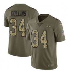 Youth Nike Ravens #34 Alex Collins Olive Camo Stitched NFL Limited 2017 Salute to Service Jersey