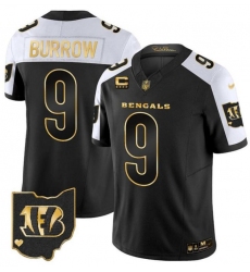 Men Cincinnati Bengals 9 Joe Burrow Black 2023 F U S E With 4 Star C Patch Gold Vapor Untouchable Limited Stitched Jersey