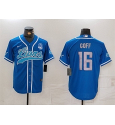 Men Detroit Lions 16 Jared Goff Blue With 90th Anniversary Patch Cool Base Stitched Baseball Jersey