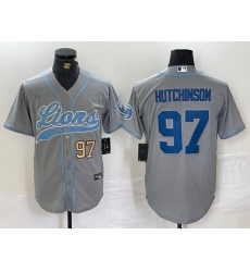 Men Detroit Lions 97 Aidan Hutchinson Grey Cool Base Stitched Baseball Jersey 1