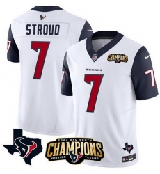 Men Houston Texans 7 C J  Stroud White Navy 2023 F U S E  AFC South Champions Patch And Team Logo Patch Vapor Untouchable Limited Stitched Football JerseyS