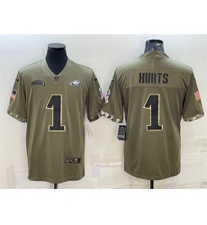 Men Philadelphia Eagles 1 Jalen Hurts Olive 2022 Salute To Service Limited Stitched Jersey