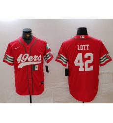 Men San Francisco 49ers 42 Ronnie Lott Red With Patch Cool Base Stitched Baseball Jersey 2