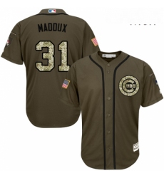 Mens Majestic Chicago Cubs 31 Greg Maddux Replica Green Salute to Service MLB Jersey