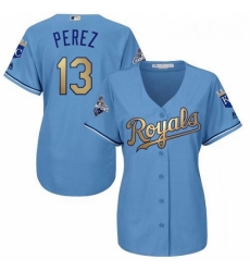 Womens Majestic Kansas City Royals 13 Salvador Perez Authentic Light Blue 2015 World Series Champions Gold Program Cool Base MLB Jersey