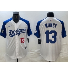 Men Los Angeles Dodgers 13 Max Muncy White Blue Vin Patch Cool Base Stitched Baseball Jersey