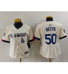 Women Los Angeles Dodgers 50 Mookie Betts Cream Stitched Jersey 4