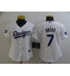 Women Los Angeles Dodgers Julio Urias 7 Championship Gold Trim White Limited All Stitched Cool Base Jersey