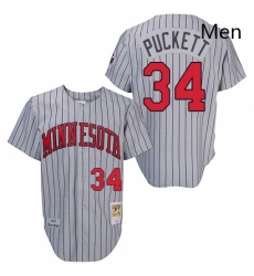 Mens Mitchell and Ness 1987 Minnesota Twins 34 Kirby Puckett Authentic Grey Throwback MLB Jersey