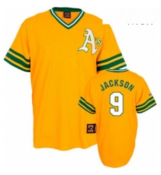 Mens Mitchell and Ness Oakland Athletics 9 Reggie Jackson Authentic Gold Throwback MLB Jersey