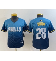 youth philadelphia phillies 28 alec bohm blue 2024 city connect limited stitched baseball jersey T