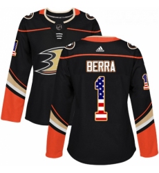 Womens Adidas Anaheim Ducks 1 Reto Berra Authentic Black USA Flag Fashion NHL Jersey 