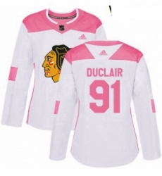 Womens Adidas Chicago Blackhawks 91 Anthony Duclair Authentic White Pink Fashion NHL Jersey 