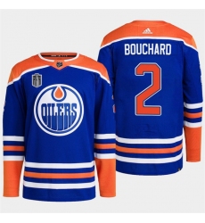 Men Edmonton Oilers 2 Evan Bouchard Royal 2024 Stanley Cup Final Patch Stitched Jersey