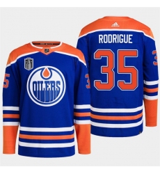 Men Edmonton Oilers 35 Olivier Rodrigue Royal 2024 Stanley Cup Final Patch Stitched Jersey