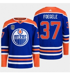 Men Edmonton Oilers 37 Warren Foegele Royal 2024 Stanley Cup Final Patch Stitched Jersey