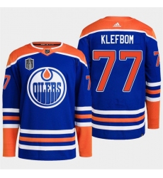 Men Edmonton Oilers 77 Oscar Klefbom Royal 2024 Stanley Cup Final Patch Stitched Jersey