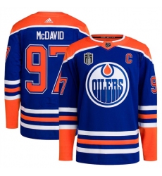 Men Edmonton Oilers 97 Connor McDavid Royal 2024 Stanley Cup Final Patch Stitched Jersey