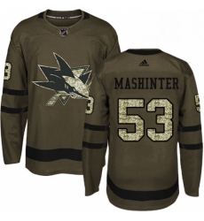 Mens Adidas San Jose Sharks 53 Brandon Mashinter Premier Green Salute to Service NHL Jersey 