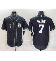 Men Boston Celtics 7 Jaylen Brown Black With Patch Stitched Baseball Jersey 3