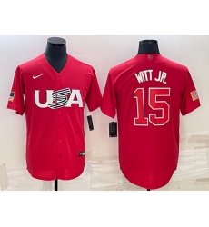 Men USA Baseball 15 Bobby Witt Jr  2023 Red World Baseball Classic Stitched Jersey